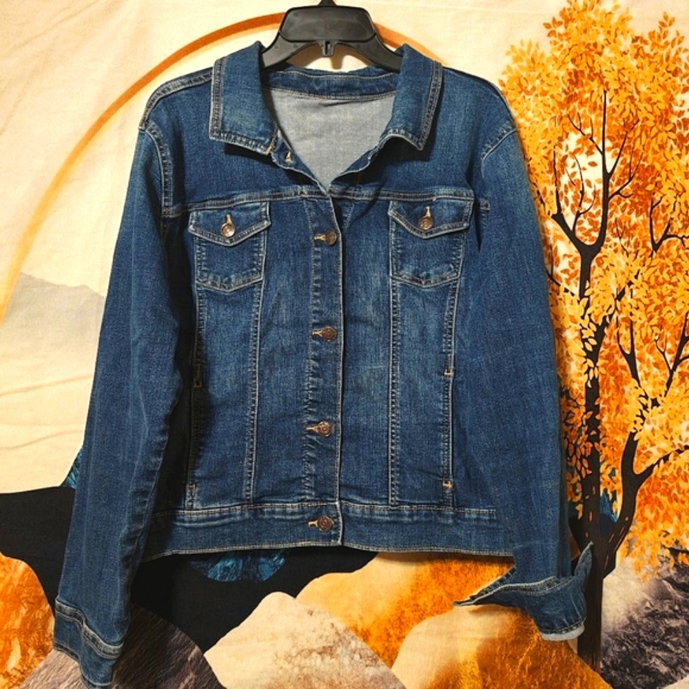 EUC Old Navy Rockstar Denim Jacket Dark Wash Blue Sz. L